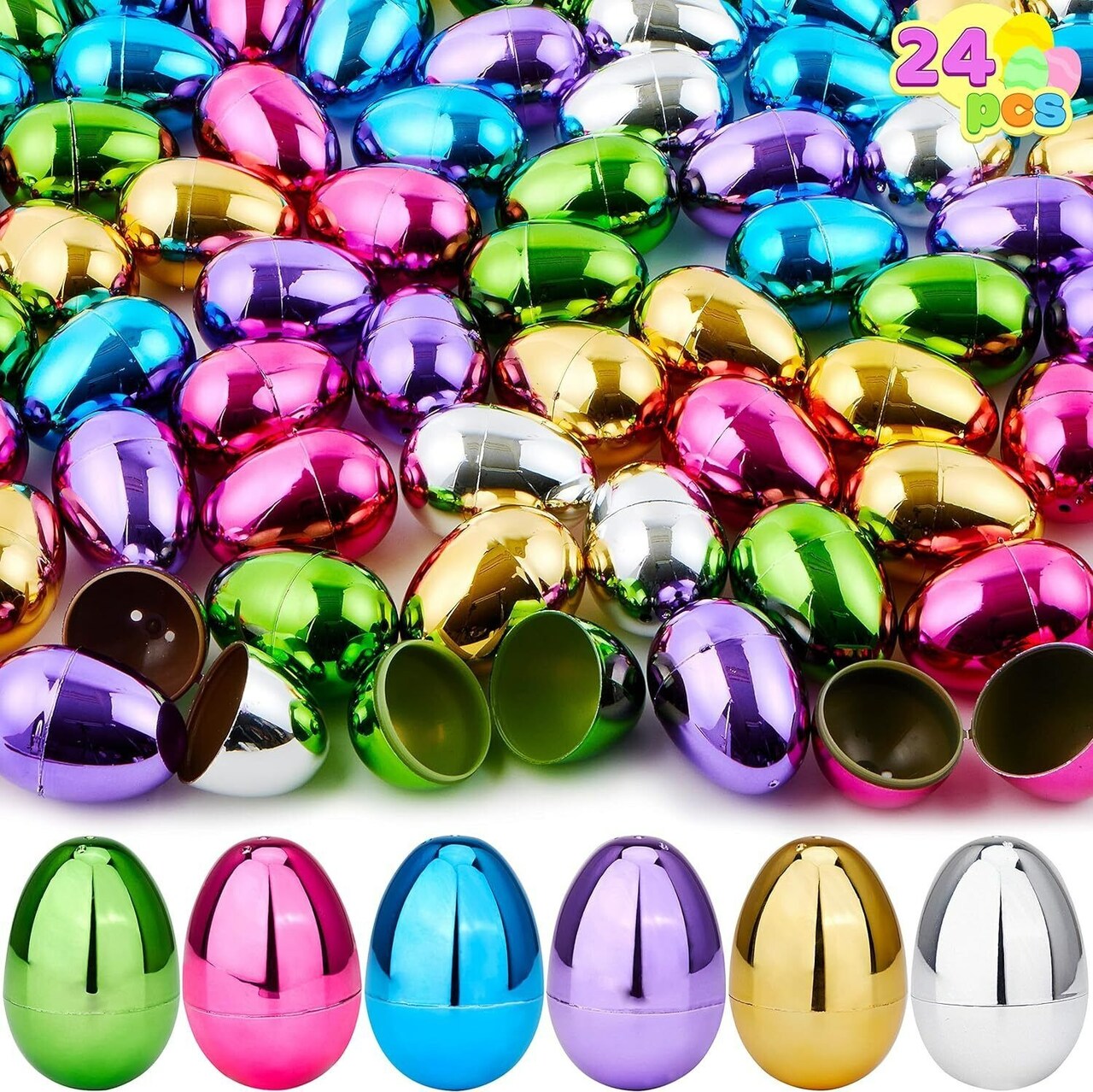 24 PCS 2.3" Metallic Easter Eggs Shinny Easter Eggs Fillable Colorful Bright